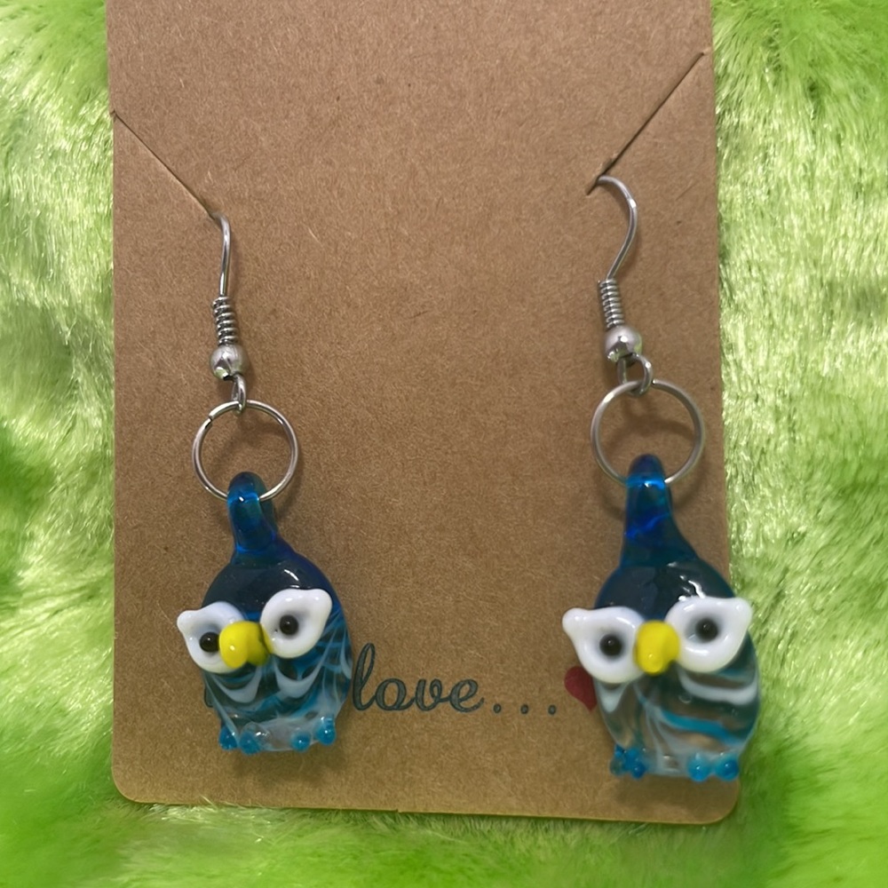 Blue cute owl earrings
